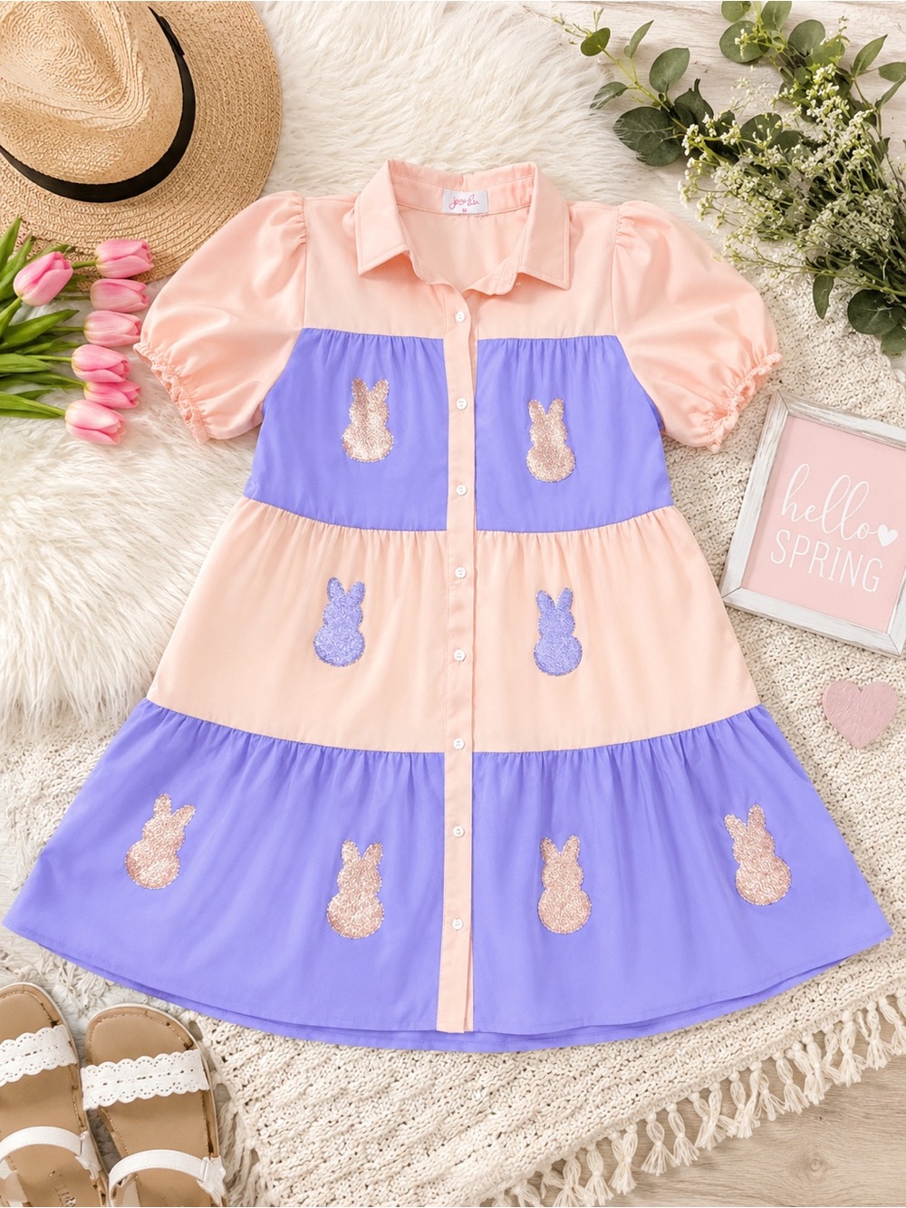 Girls' Peony Pink & Lilac Tiered Midi Dress with Bunny Appliqués